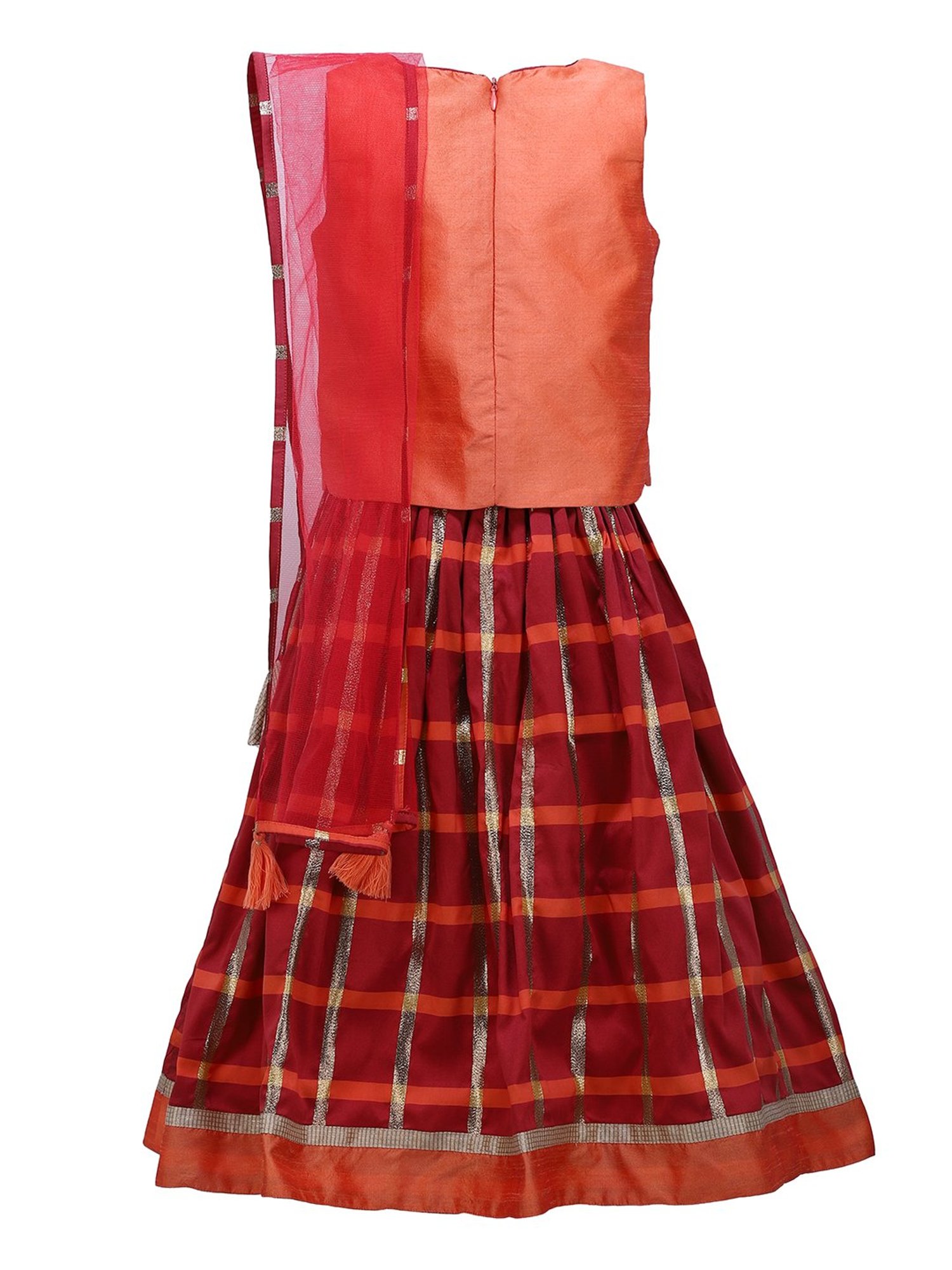 A Little Fable Kids Orange & Maroon Checks Choli, Lehenga With Dupatta