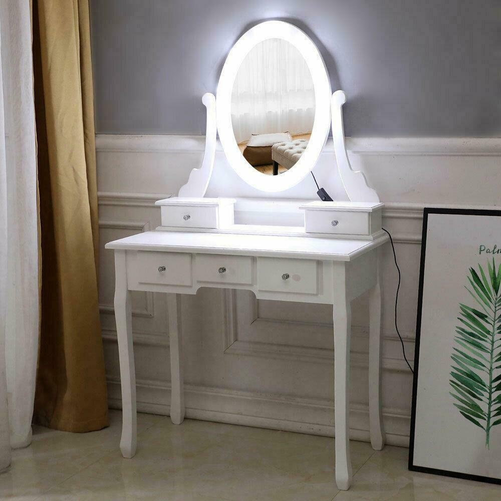 Makeup Dressing Table Vanity Set With Mirror 10 Led Lights for Bedroom White