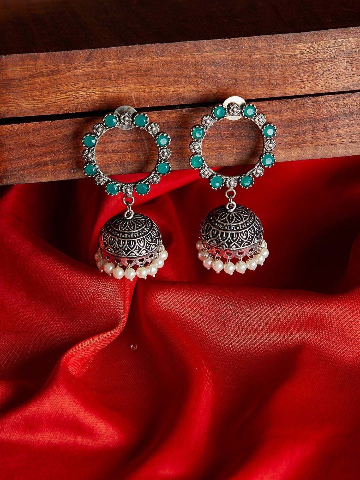 Panash Silver-Plated Pearl Oxidized Jhumki Earrings