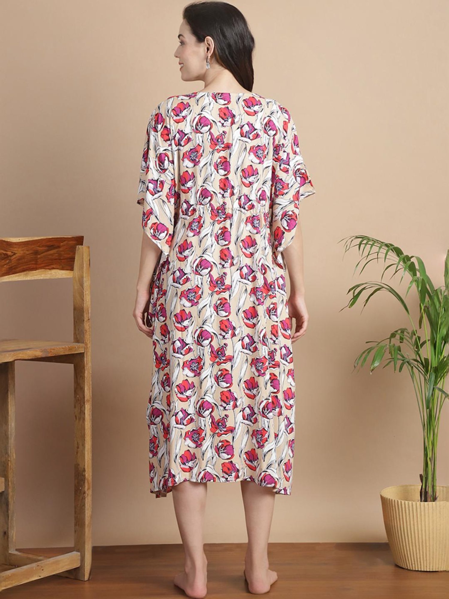 Secret Wish Beige Floral Print Kaftan