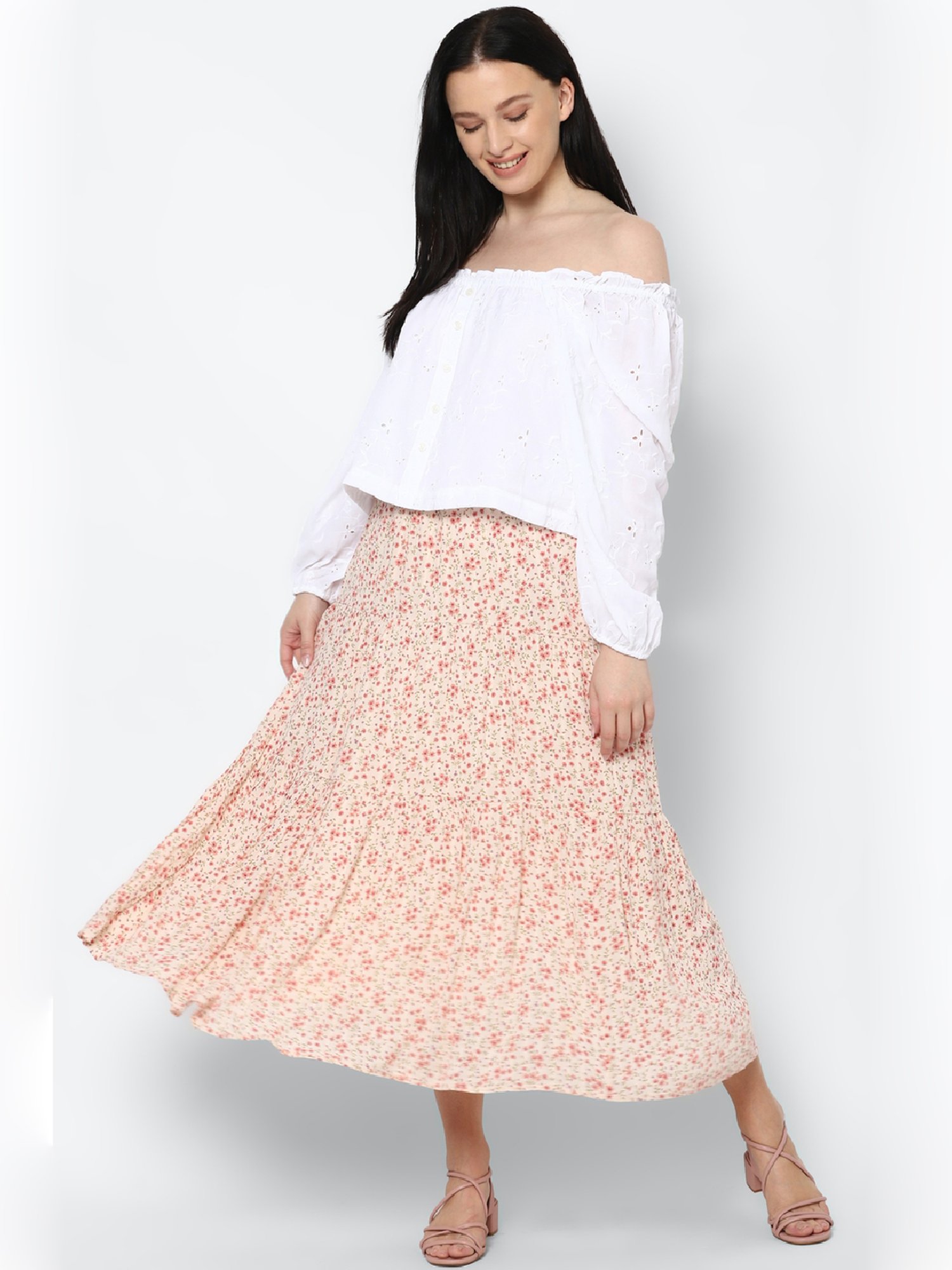 American Eagle Outfitters Beige Printed Below Knee Skirt