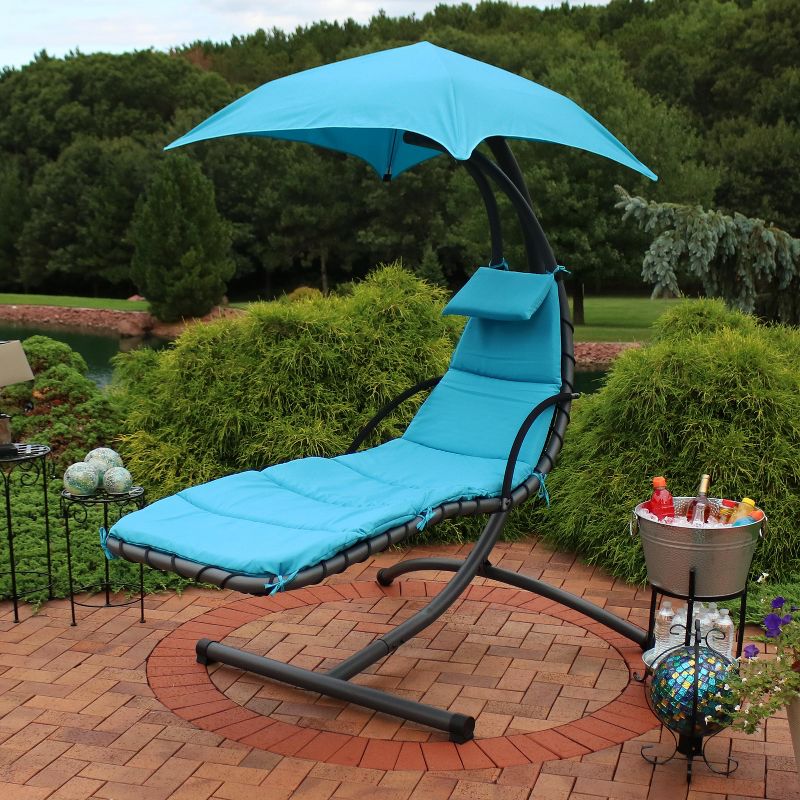 Sunnydaze Outdoor Hanging Chaise Floating Lounge Chair with Canopy Umbrella and Stand, Teal, 2pk