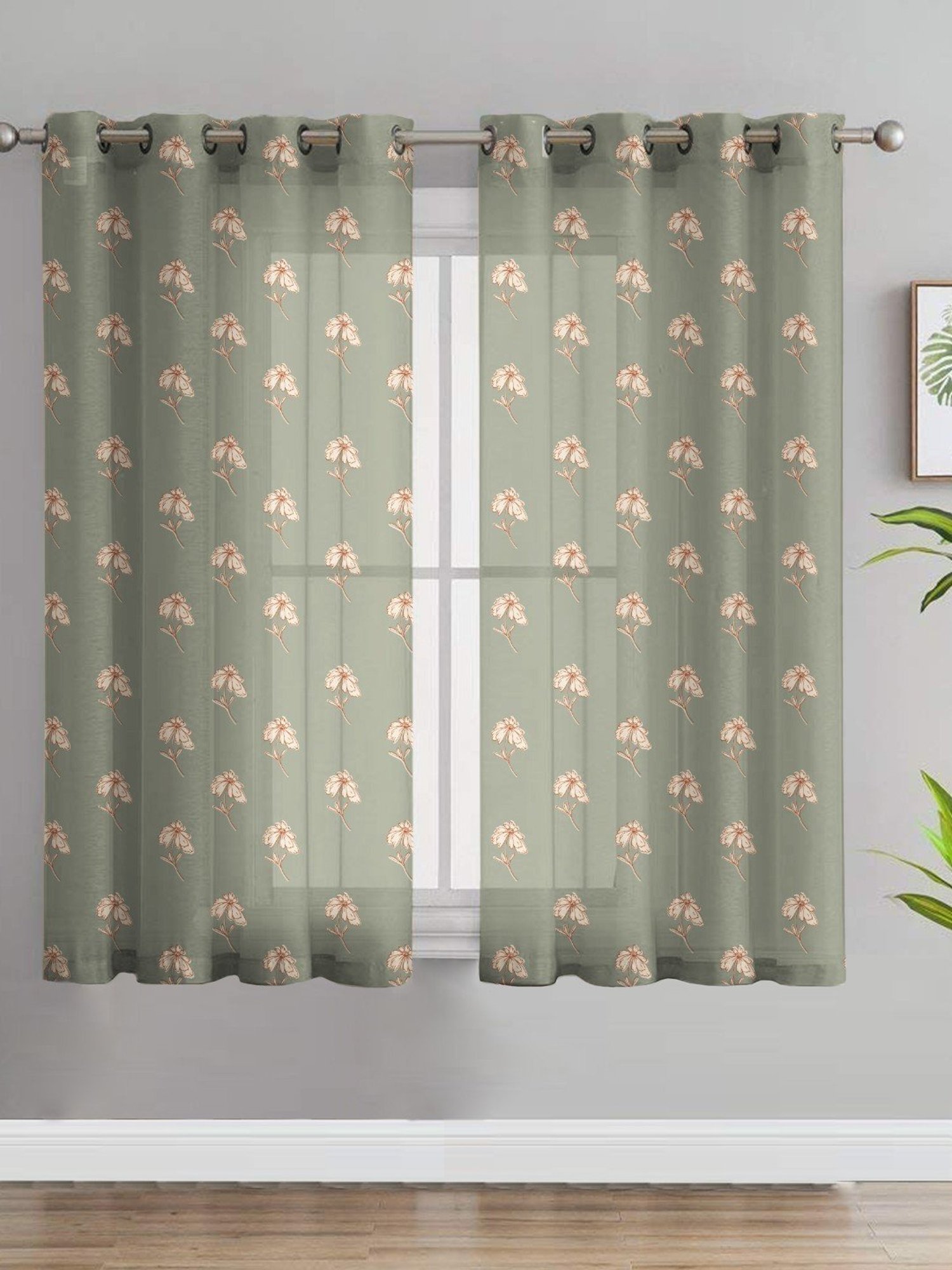 SPACES DRAPE STORY Boho Floral Green Polyester 5 ft Sheer Window Curtains - Set of 2