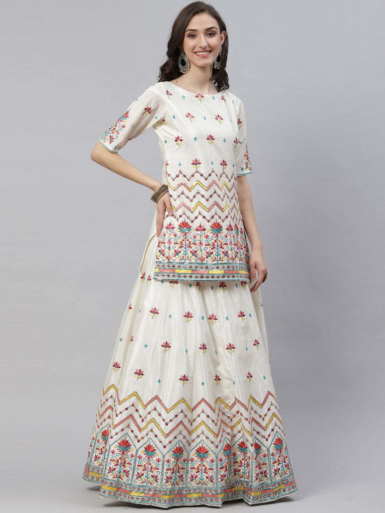 SHUBHKALA Beige Embroidered Lehenga and Choli Set With Dupatta