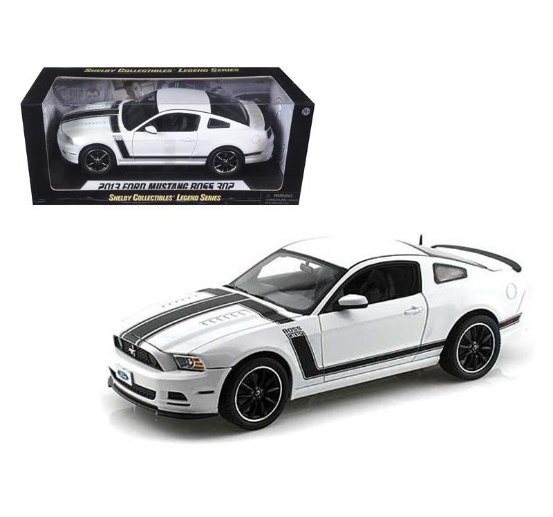 2013 Ford Mustang Boss 302 White with Black Stripes 1/18 Diecast Model Car by Shelby Collectibles