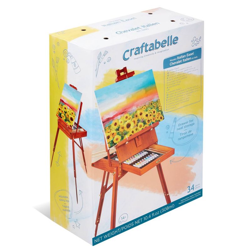 Craftabelle &ndash; Arts Easel and Canvas &ndash; 34pc Set with Paint Supplies &ndash; Wooden Italian Easel (CF2441Z)