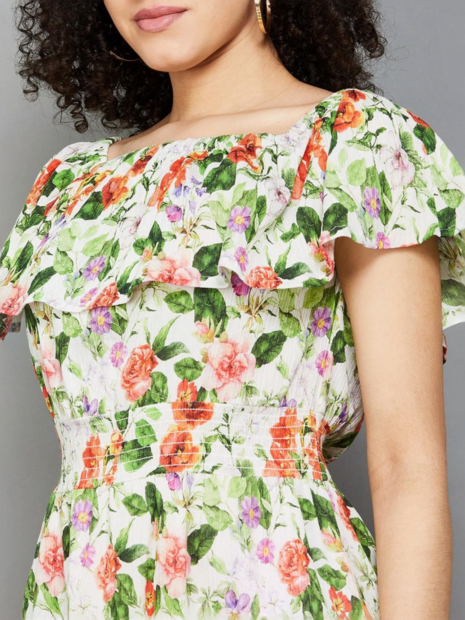 Colour Me by Melange Off-White Cotton Floral Print A-Line Dress