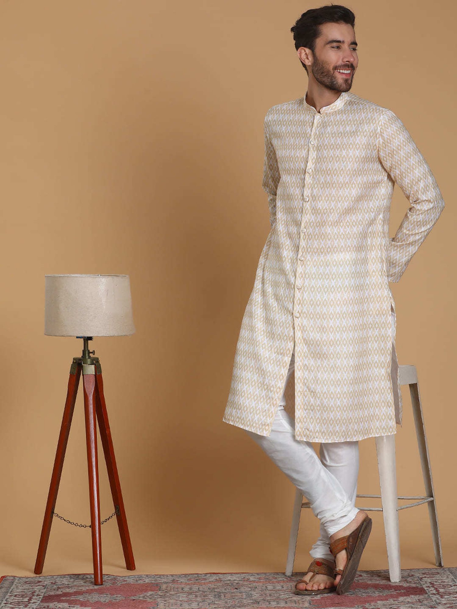 TABARD Beige Regular Fit Print Kurta with Churidar Set