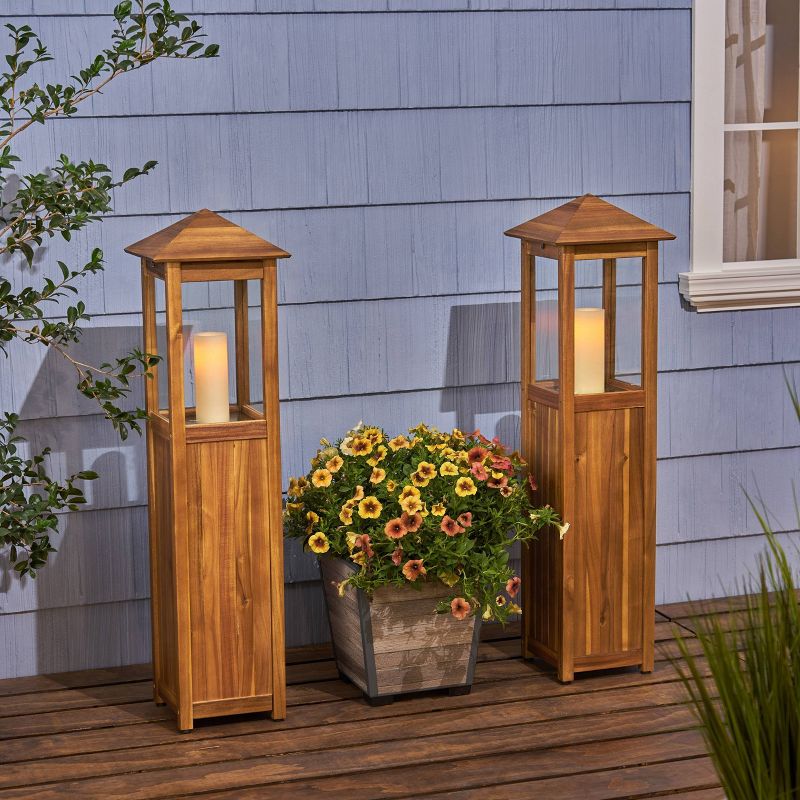 2pk Claudine 47" Standing Acacia Wood Candle Outdoor Lanterns Teak - Christopher Knight Home