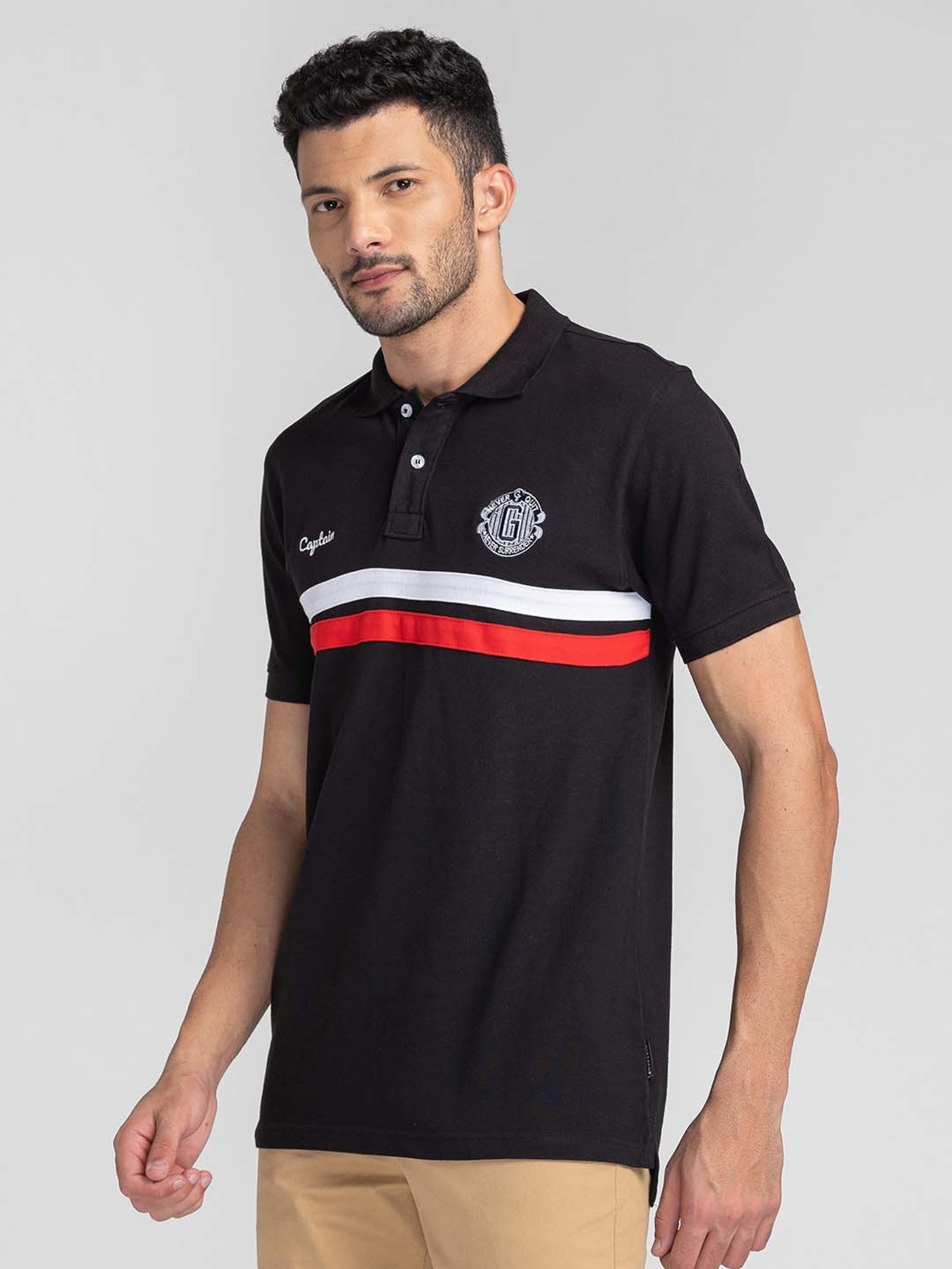 Giordano Black Slim Fit Striped Polo T-Shirt