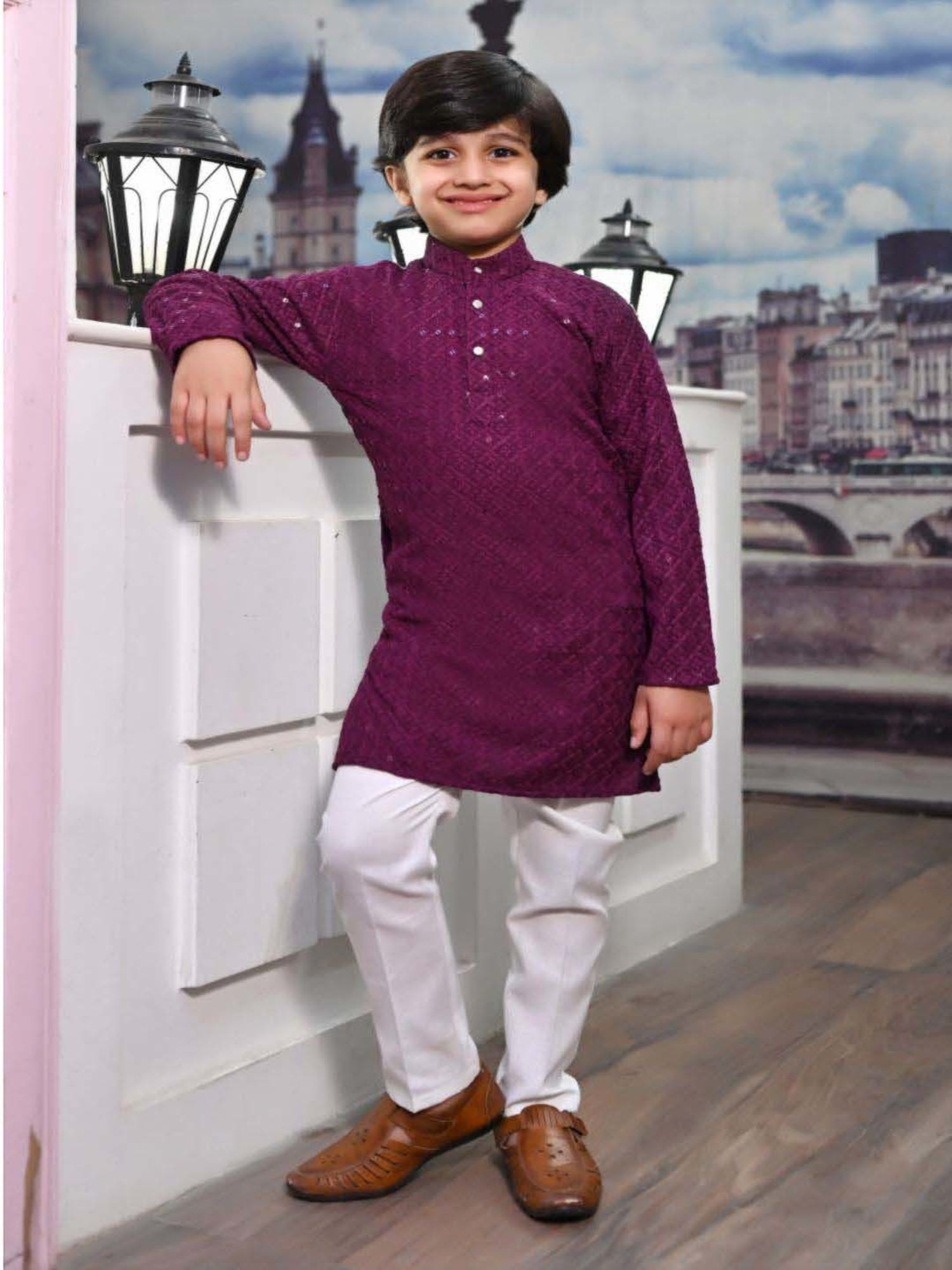 Ahhaaaa Kids Purple & White Cotton Embroidered Full Sleeves Kurta Set