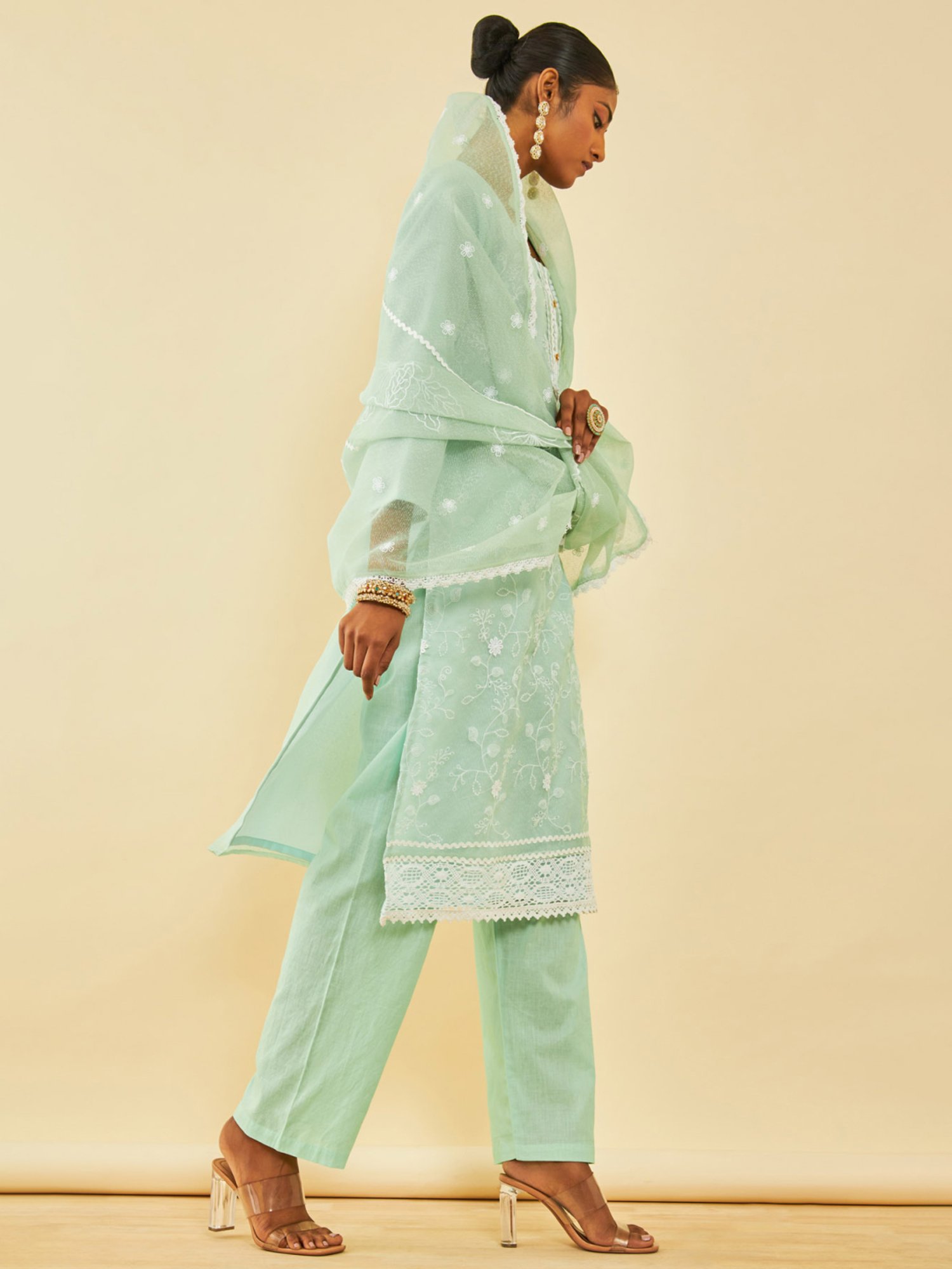 Soch Sap Green Kota Embroidered Unstitch Dress Material With Lace Details