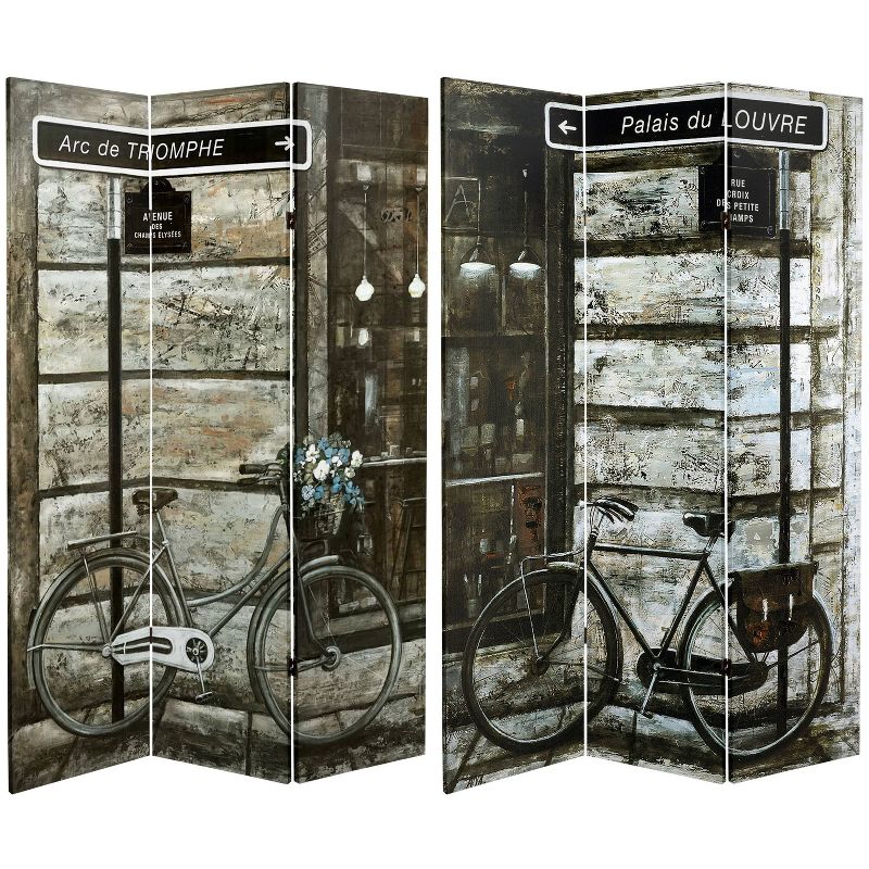6" Double Sided Parisian Bicycles Canvas Room Divider Gray - Oriental Furniture