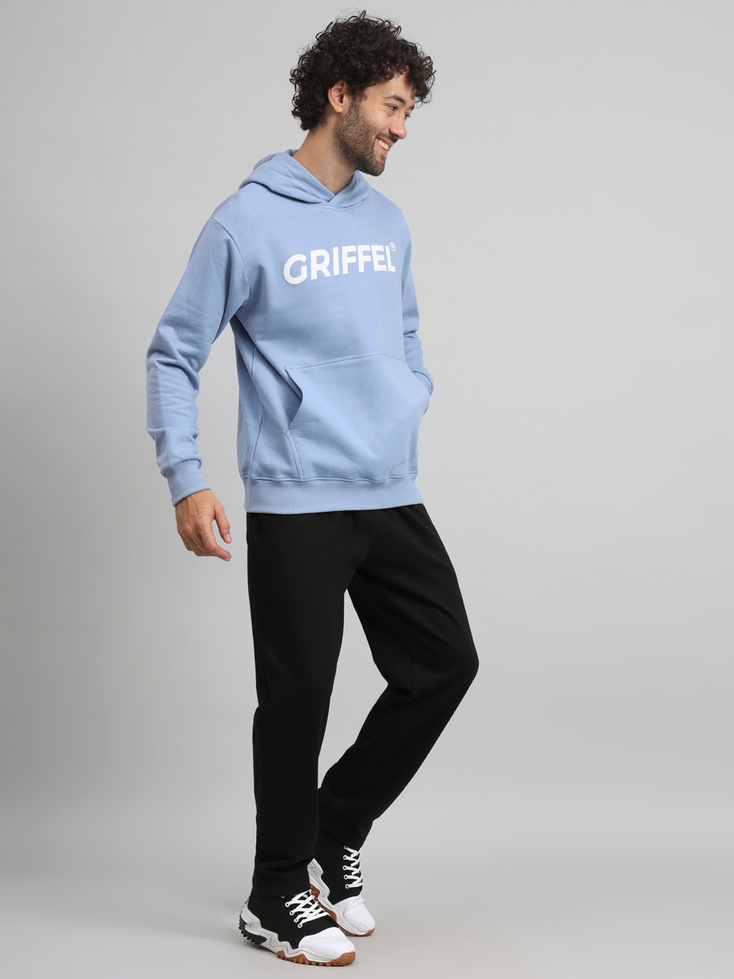 GRIFFEL Sky Blue & Black Regular Fit Logo Print Hooded Sweatshirt & Trackpants Set