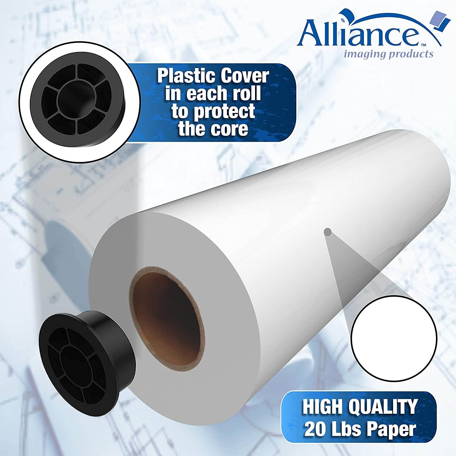 Alliance CAD Paper Rolls, 24&rdquo; x 150, 96 Bright, 20lb - 4 Rolls Per Carton - Ink Jet Bond Rolls with 2" Core