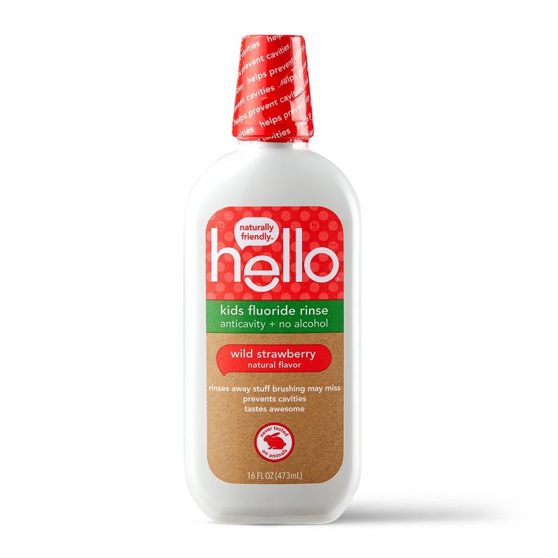 hello Kids Natural Wild Strawberry Anticavity Fluoride Rinse, Alcohol Free and Vegan, 473ml