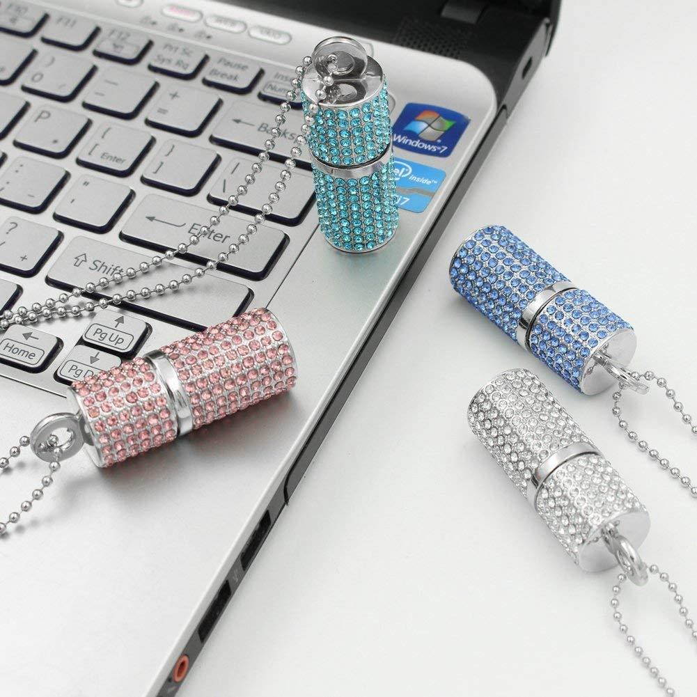 WooTeck USB Flash Drive,Bling Rhinestone Diamond Crystal Glitter Lipstick Case Shining Jewelry Necklace,64GB,Lake Blue