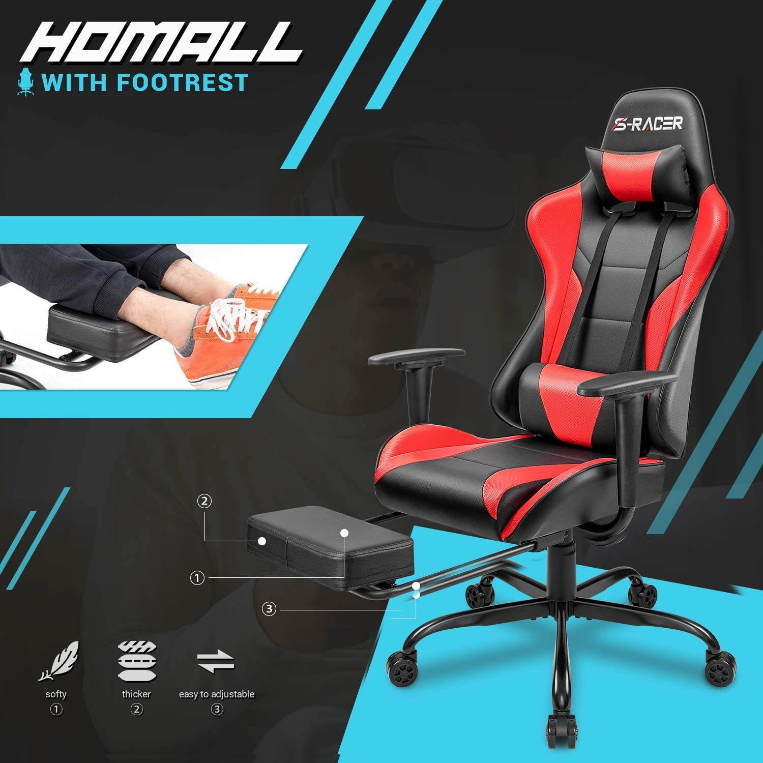 Homall Gaming Chair Computer Office Chair Ergonomic Desk Chair with Footrest Racing Executive Swivel Chair Adjustable Rolling Task Chair (Green)