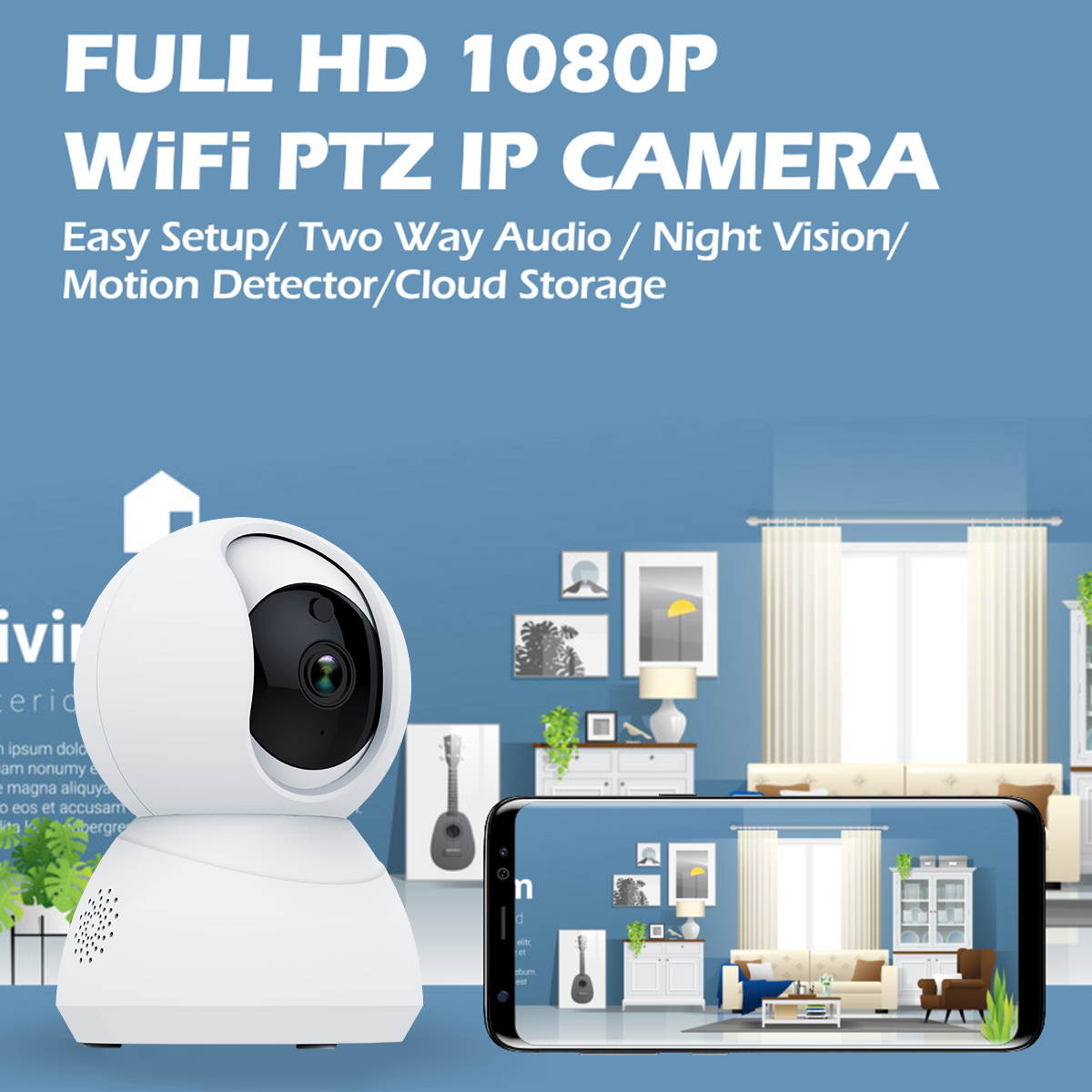 eco4life Wi-Fi 1080p PTZ Security Camera with Smart Night Vision/ PTZ/ Two-Way Audio, WiFi Home Surveillance IP Camera for Baby/ Elder/ Pet/ Nanny Monitor. 24/7 monitoring, motion detect.