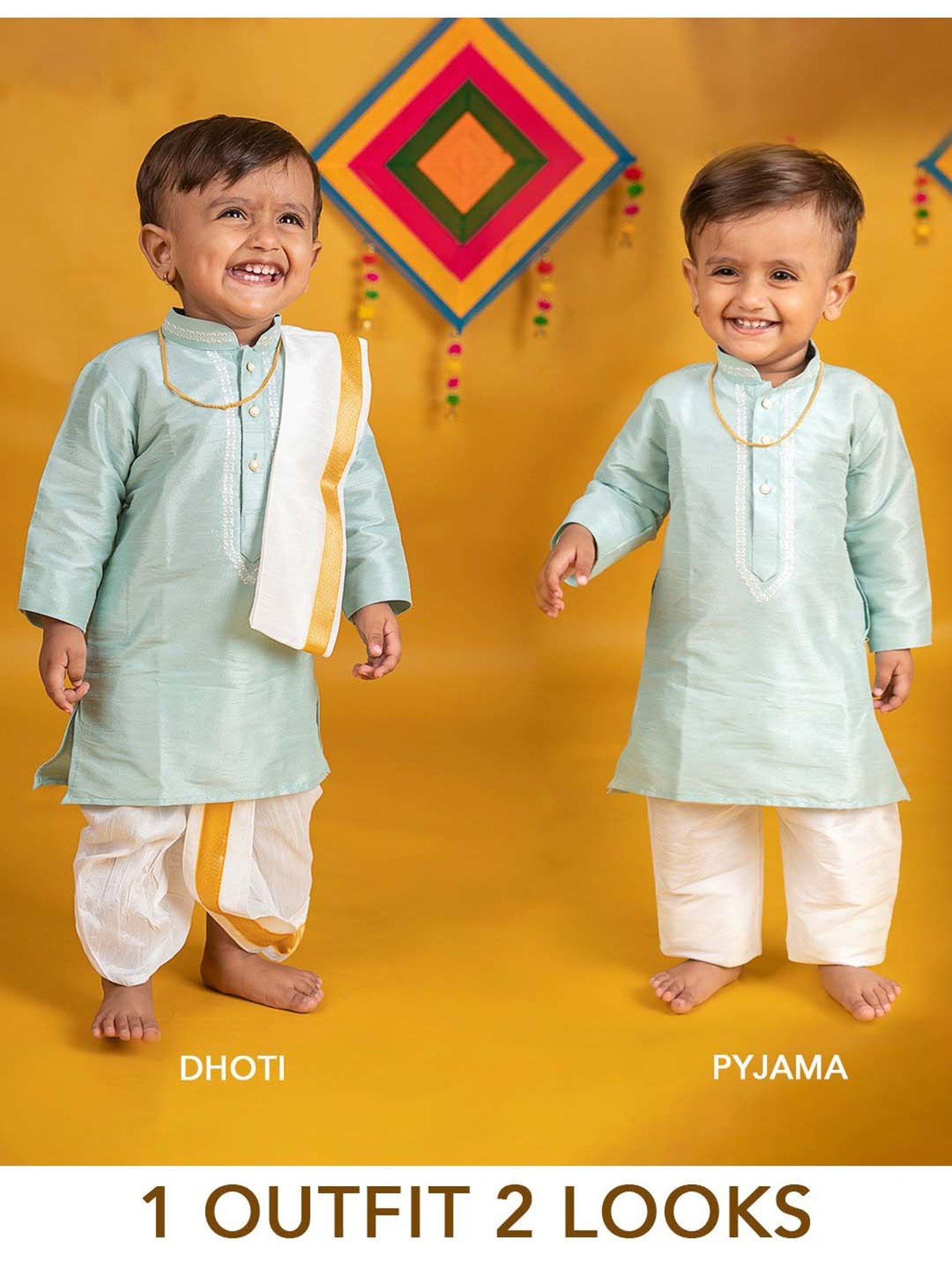 Baby Moo Kids Mint Green & White Regular Fit Full Sleeves Kurta Set