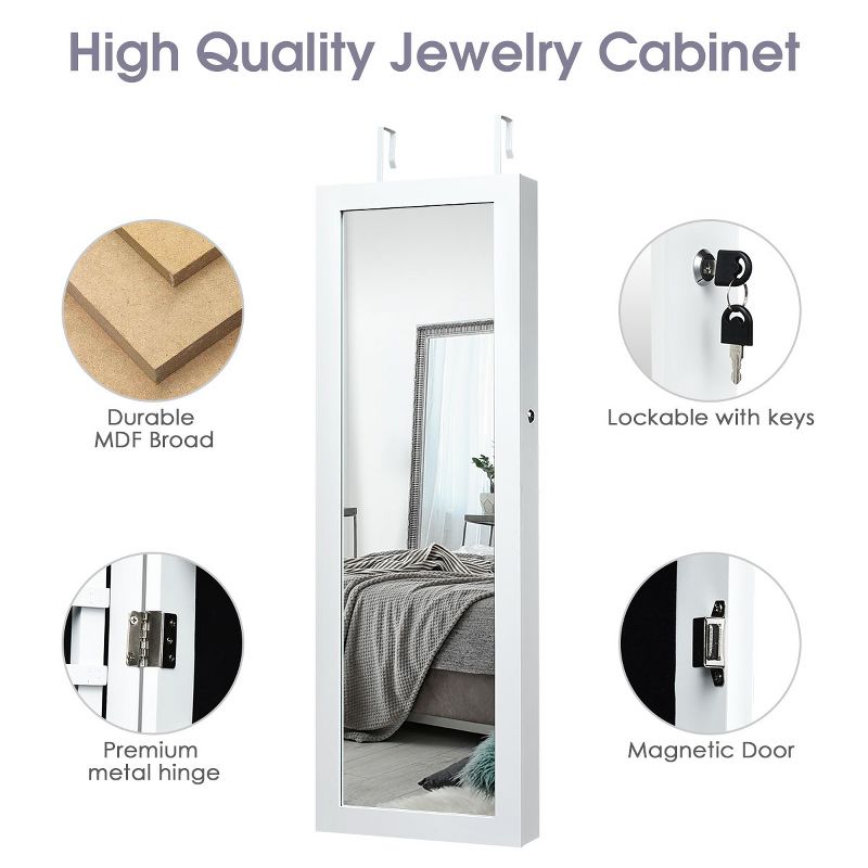 Costway Wall Mount Mirrored Jewelry Cabinet Organizer LED Lights