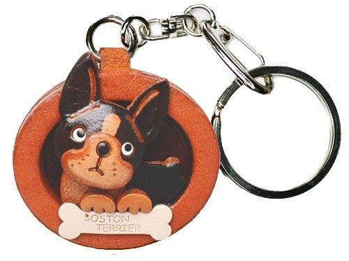 Boston Terrier Leather Plate Dog Keychain Vanca Craft-collectible Keyring Made in Japan