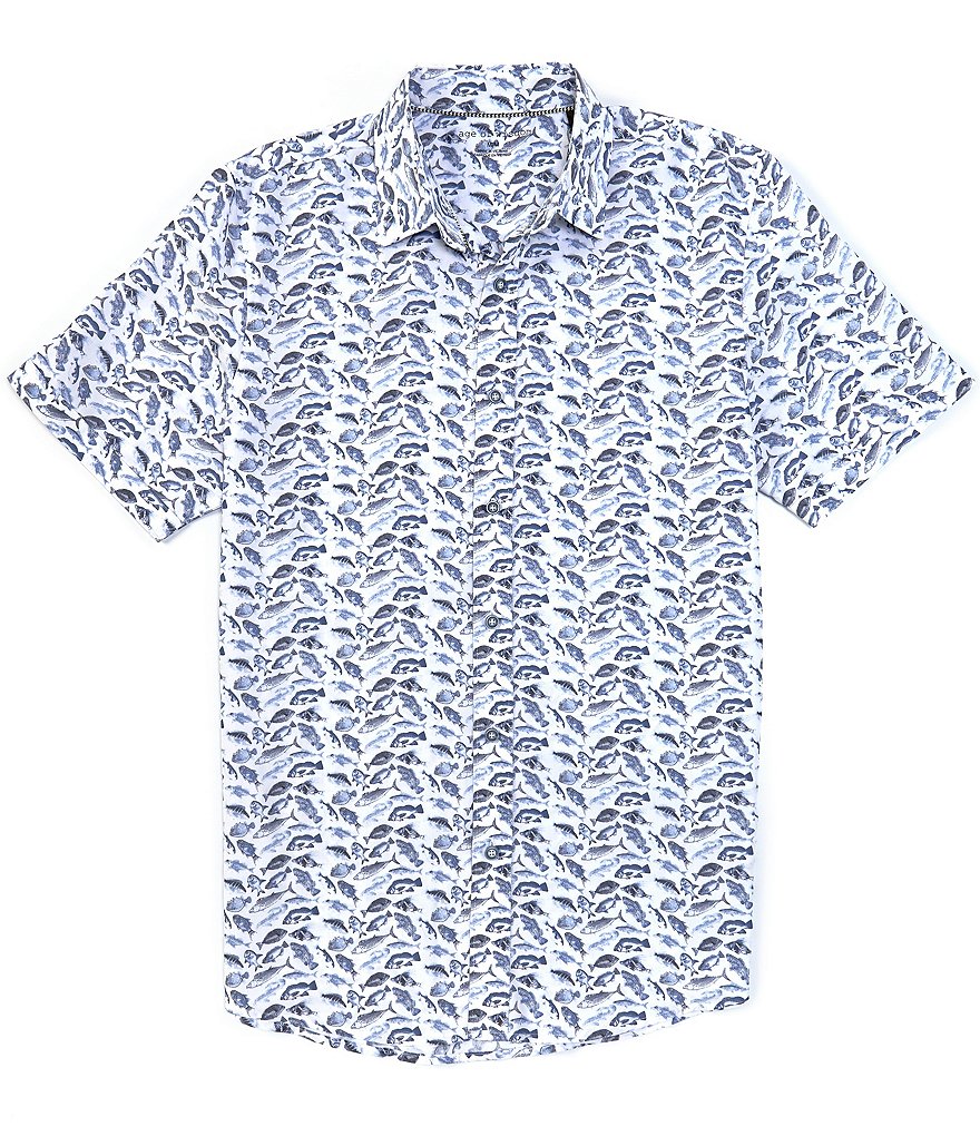 Age Of Wisdom Dark Blue Fish Pattern Short-Sleeve Woven Shirt