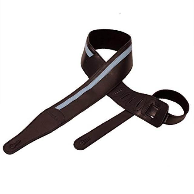 chromacast vintage series leather racing stripe guitar strap, black with daphne blue