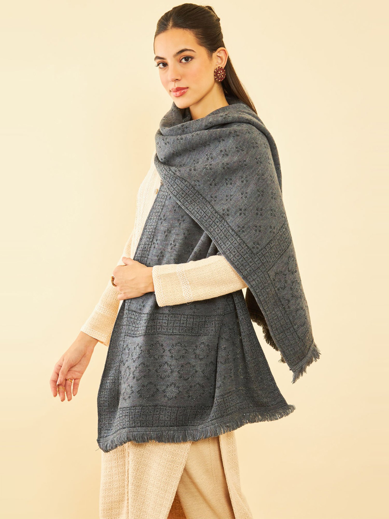 Soch Charcoal Grey Woven Pattern Shawl