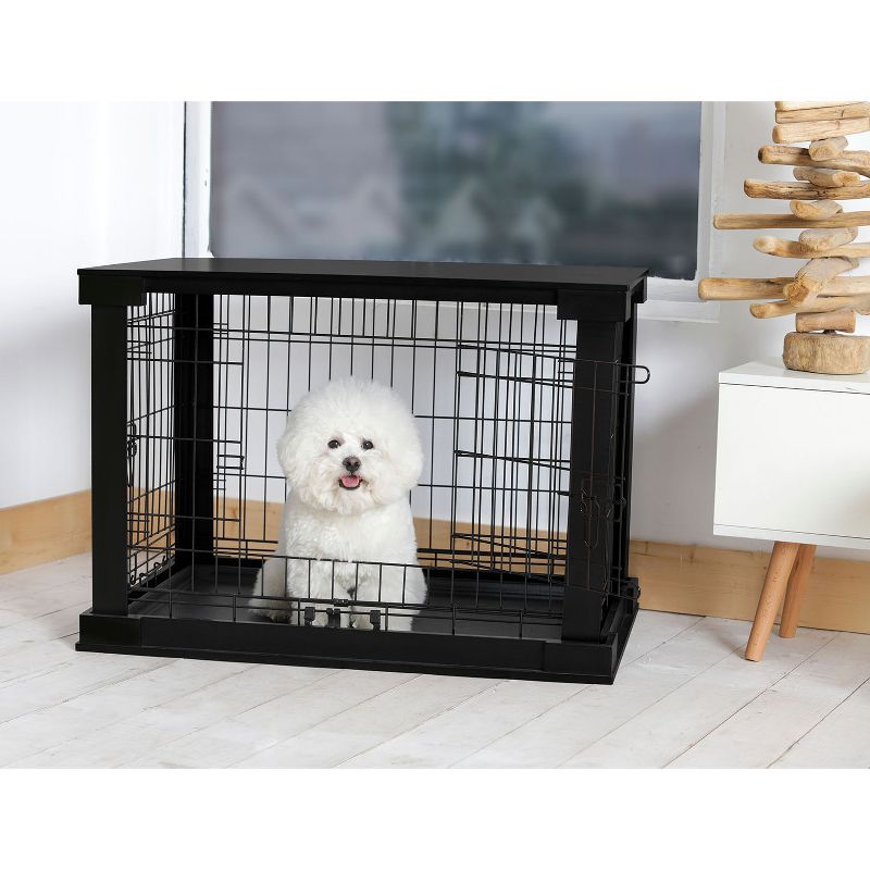 Merry Products 2 Door Decorative Pet Kennel with Wooden Protection Cover, Divider Insert, and Removable Tray End or Side Table, Black