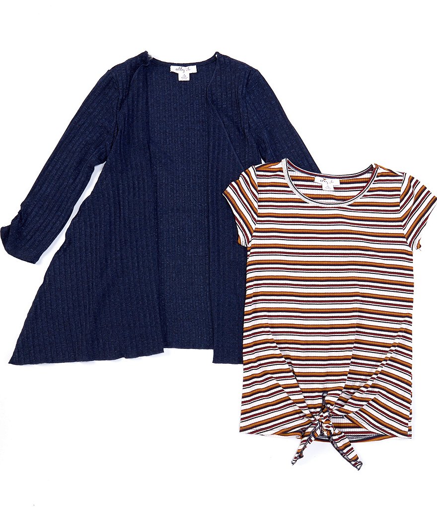 Ally B Big Girls 7-16 Short-Sleeve Stripe Tie-Front Top, Cardigan & Scrunchie Set