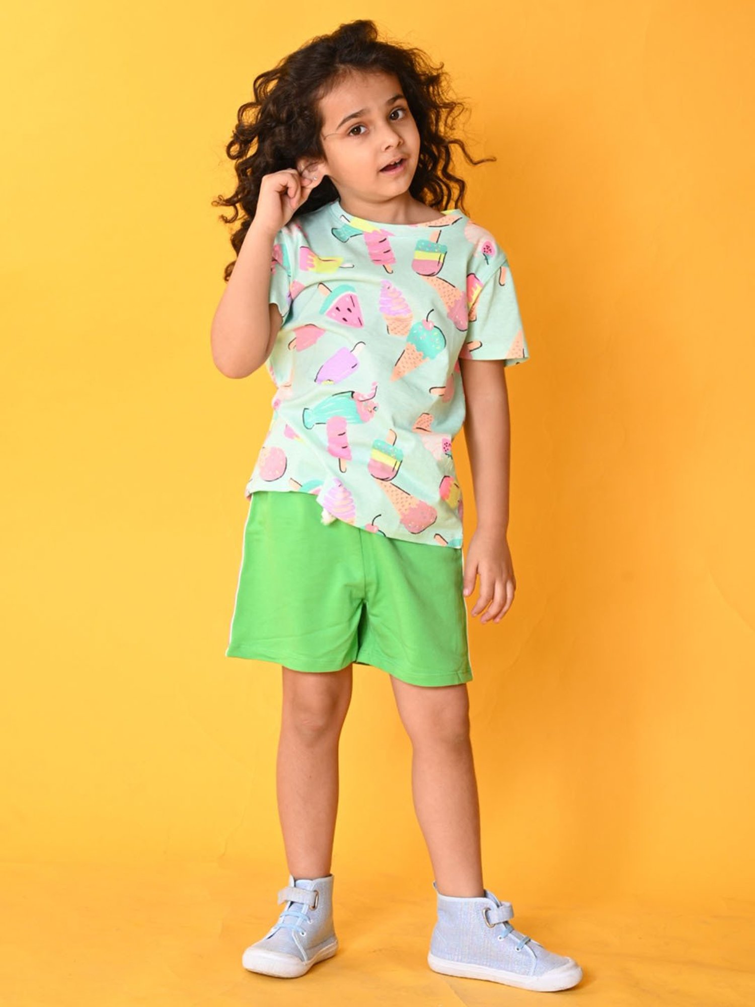 Anthrilo Kids Blue & Green Cotton Printed T-Shirt Set