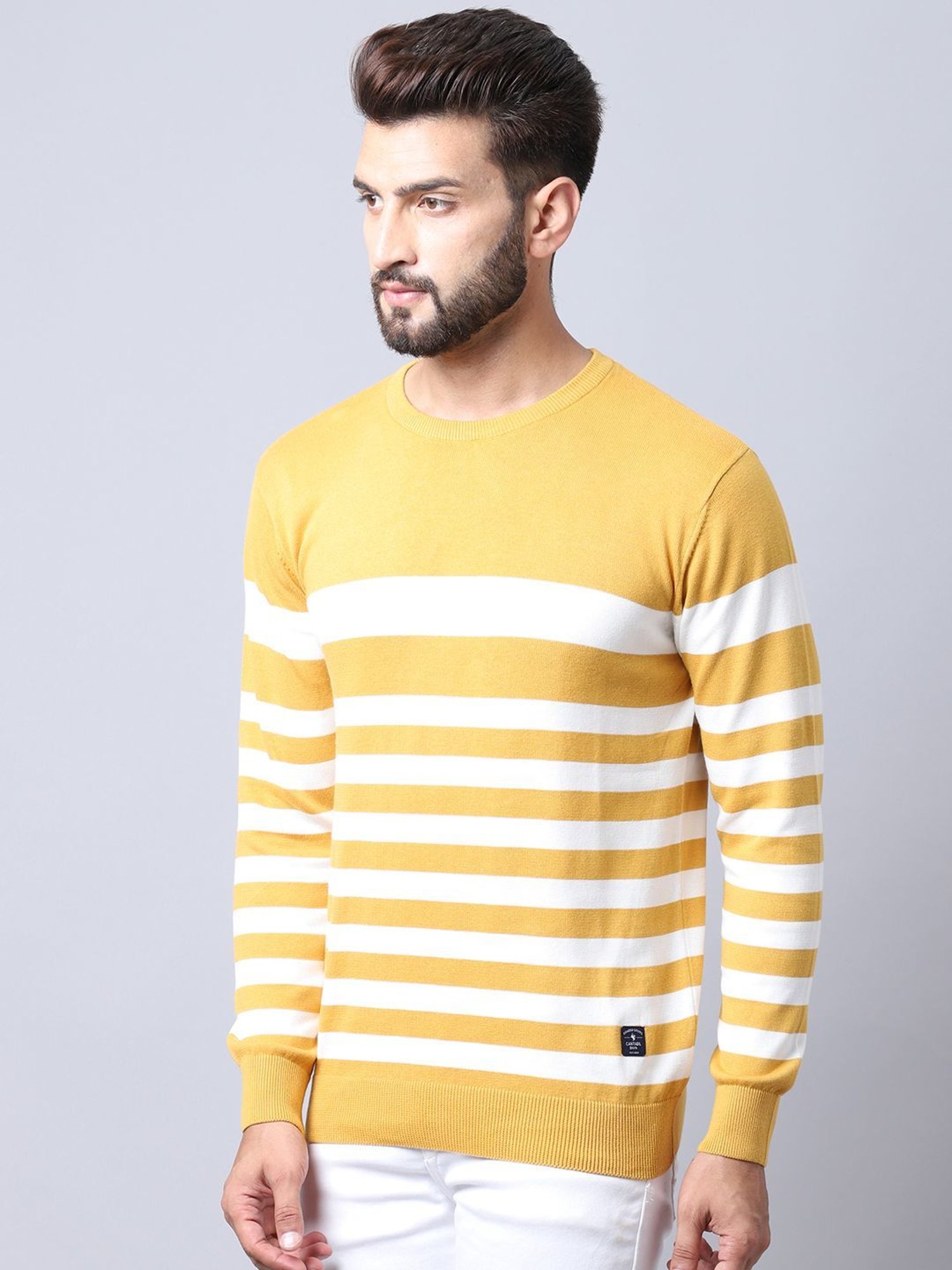 Cantabil Mustard Regular Fit Striped Sweater