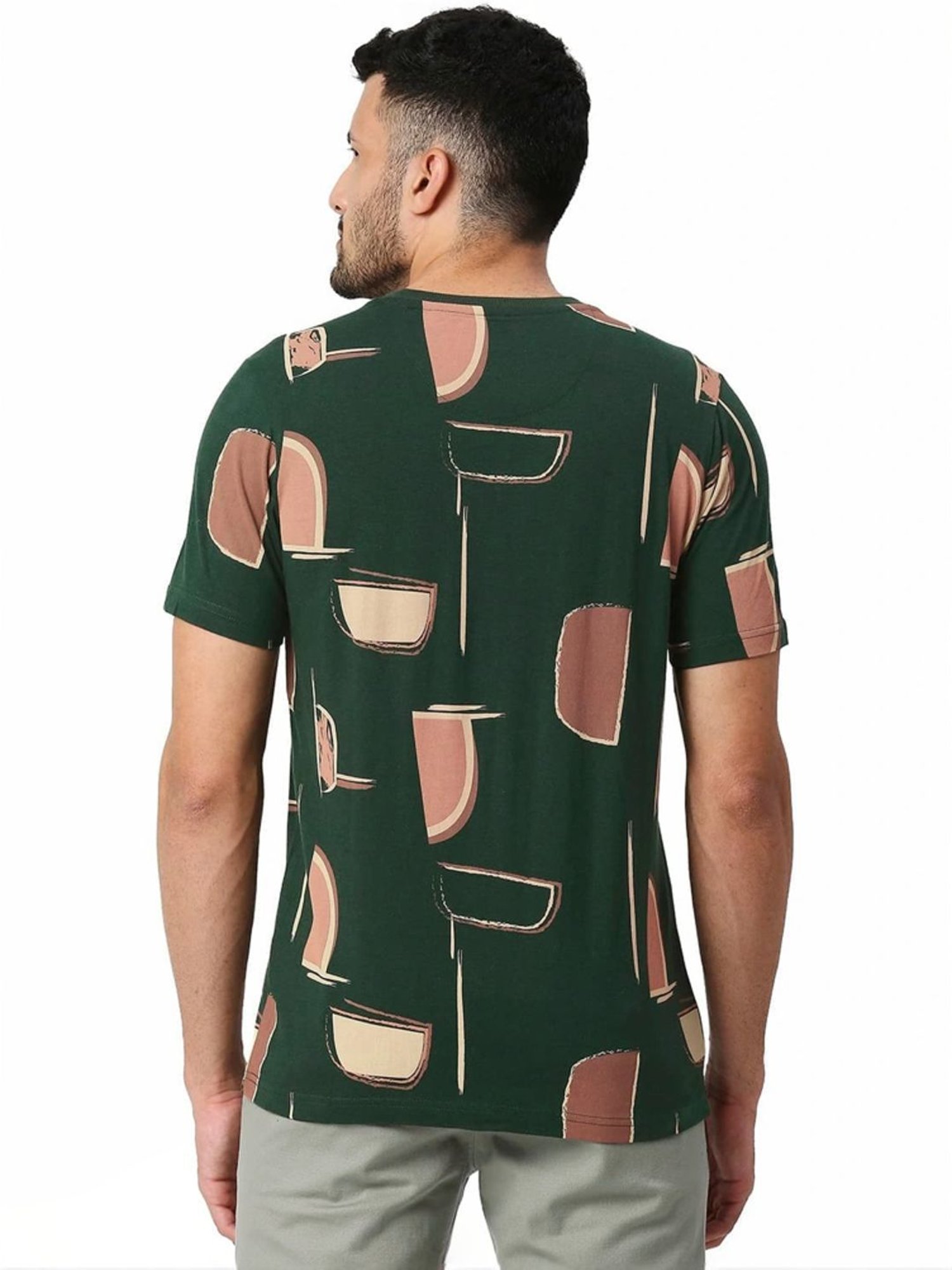Basics Green Muscle Fit Printed T-Shirt