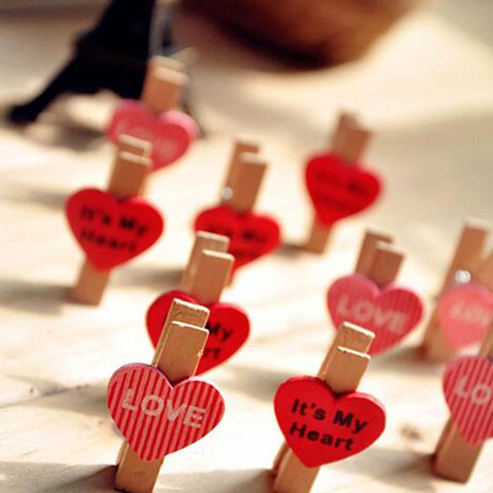 50PCS Decorative Wooden Clamp Clips Photo Clips Note Memo Holder Heart Shape Craft Clips for Party Decoration (Love)