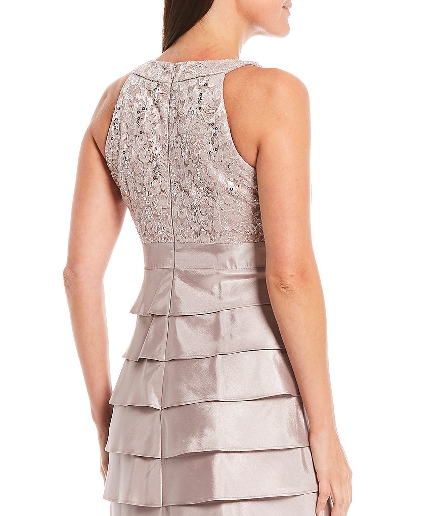 Jessica Howard Petite Size Round Neck Beaded Yoke Sleeveless Layered Skirt Gown