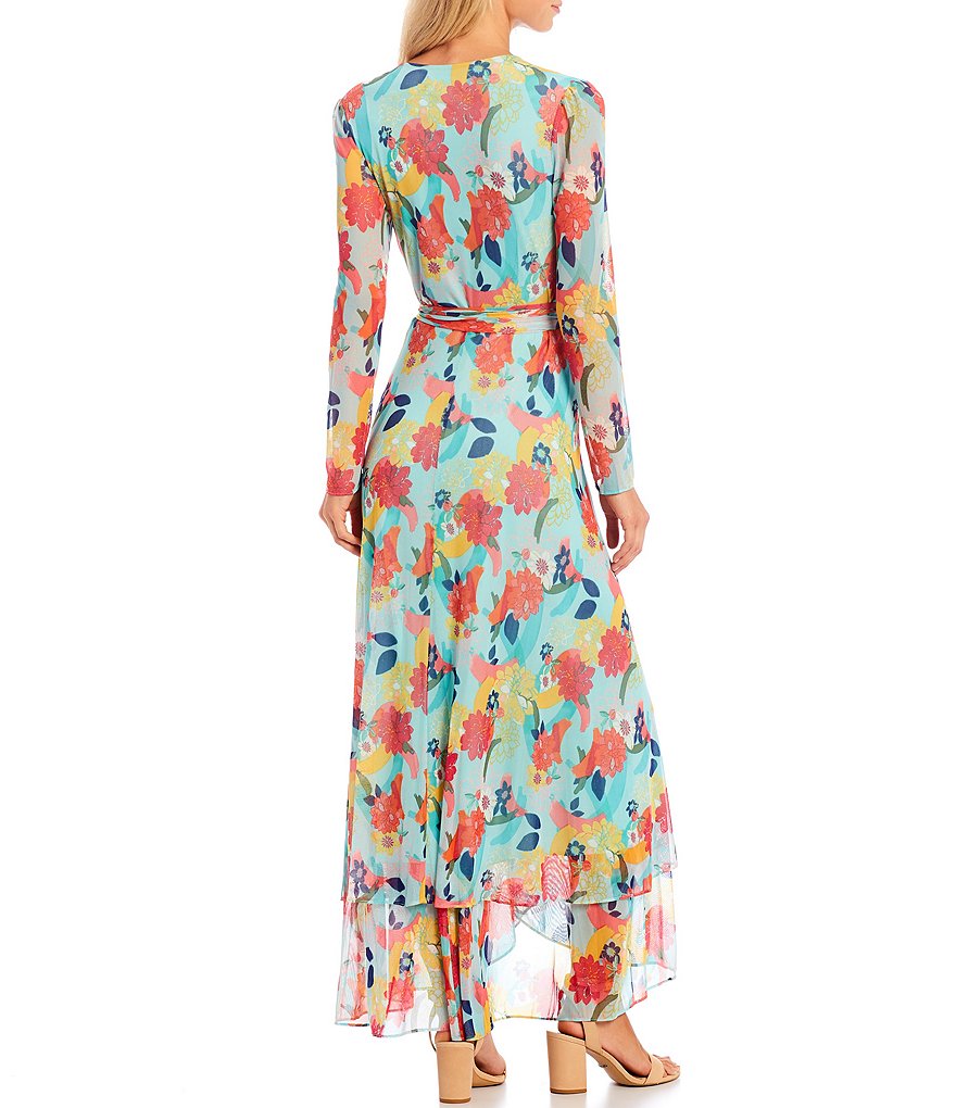 Laundry by Shelli Segal Floral Wrap Midi V-Neck Long Sleeve Dress