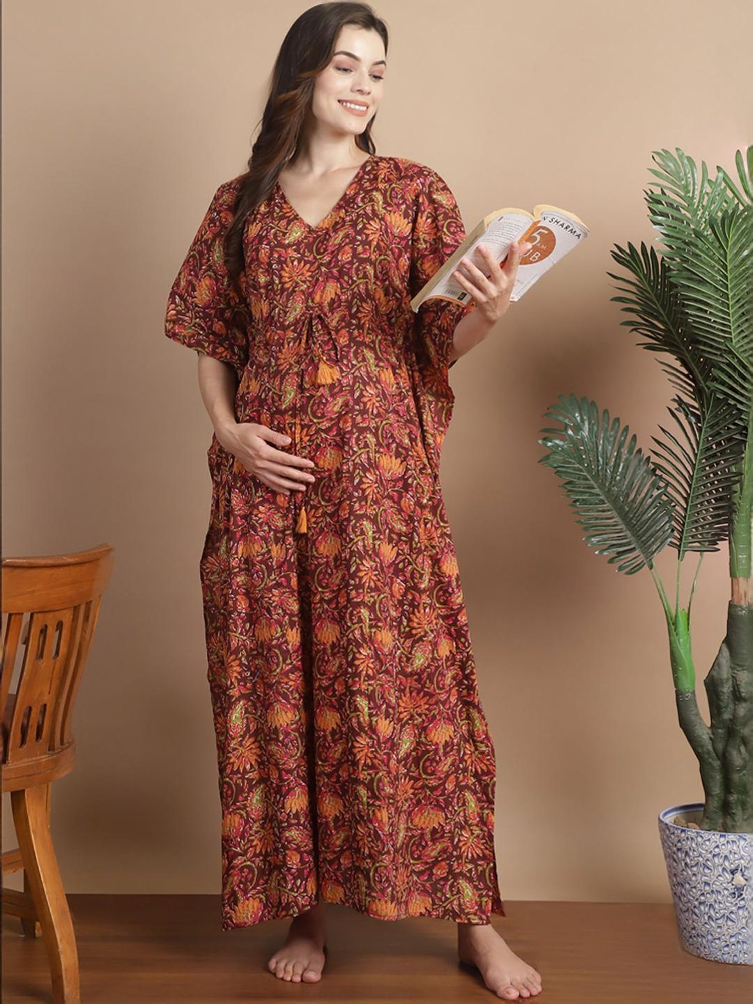 Secret Wish Brown Cotton Floral Print Kaftan