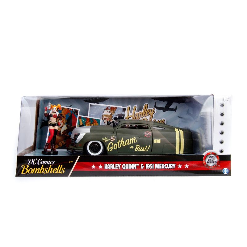 Jada Toys Hollywood Rides DC Bombshells 1951 Mercury Die-Cast Vehicle with Harley Quinn Die-Cast Figure 1:24 Scale Primer Green