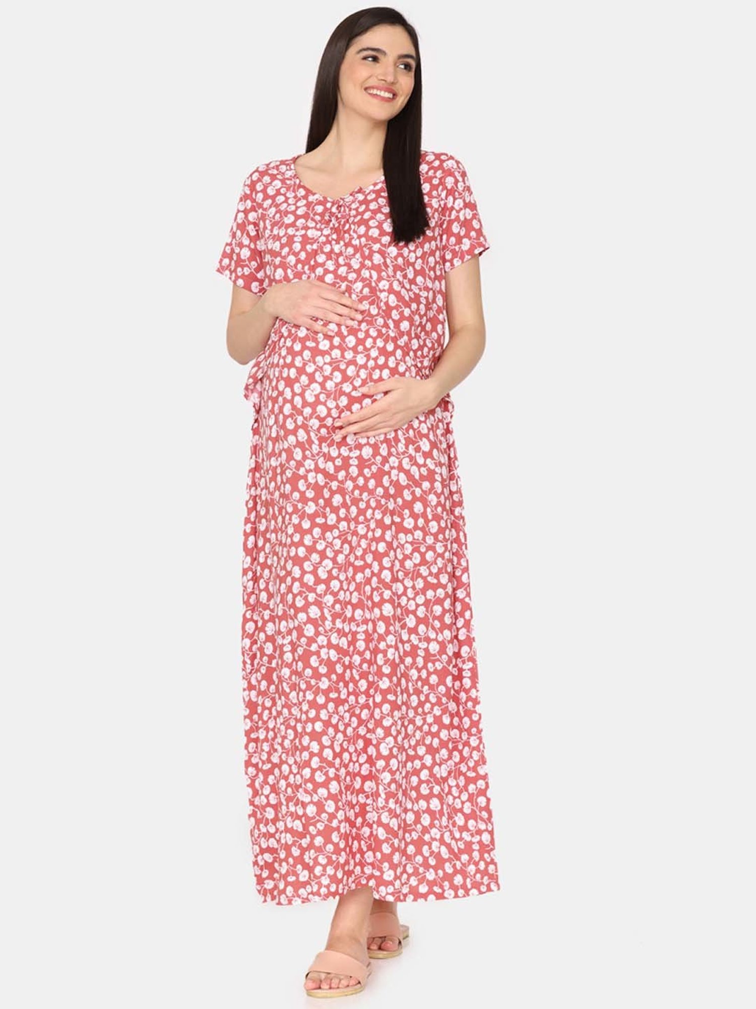 Coucou by Zivame Peach Floral Print Maternity Nighty