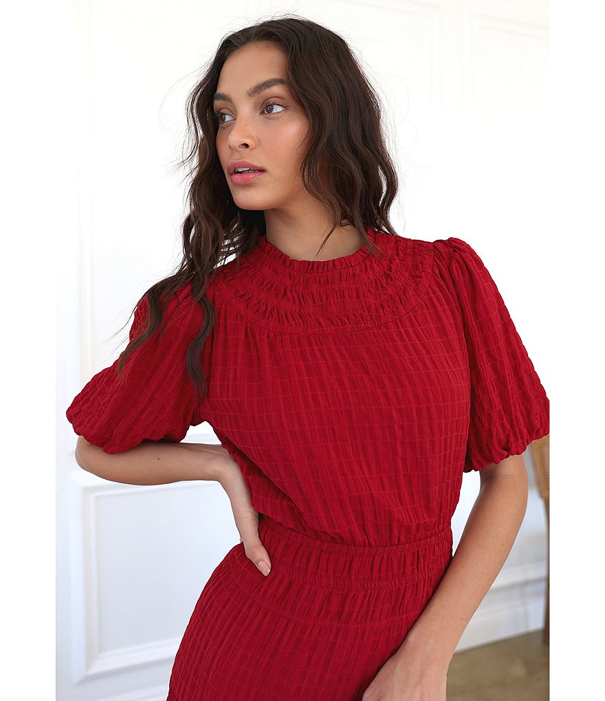 Adelyn Rae Smocked Blouson Waist Crew Neck Short Balloon Sleeve Midi Dress