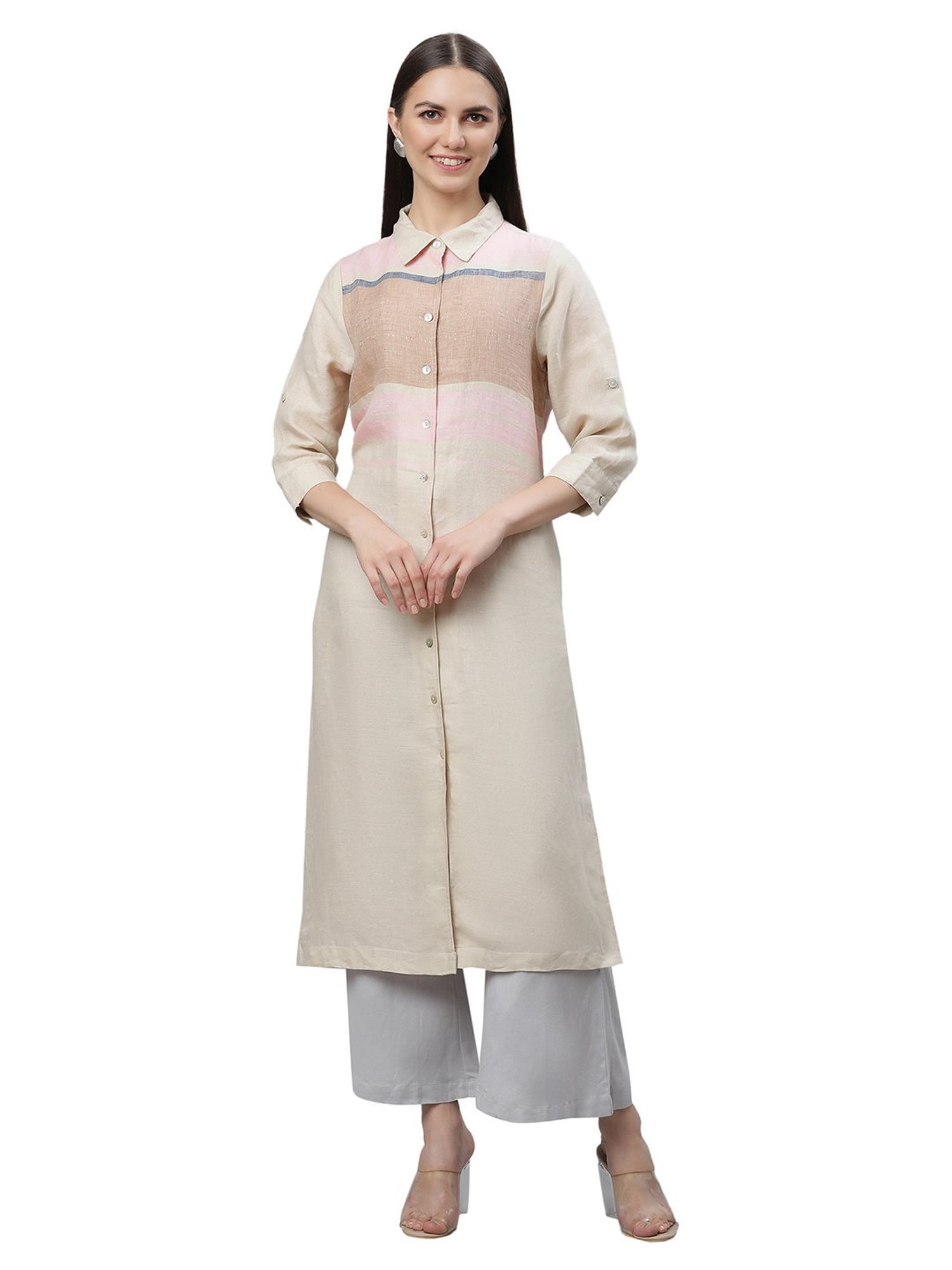 Linen Club Woman Beige Linen A Line Kurta