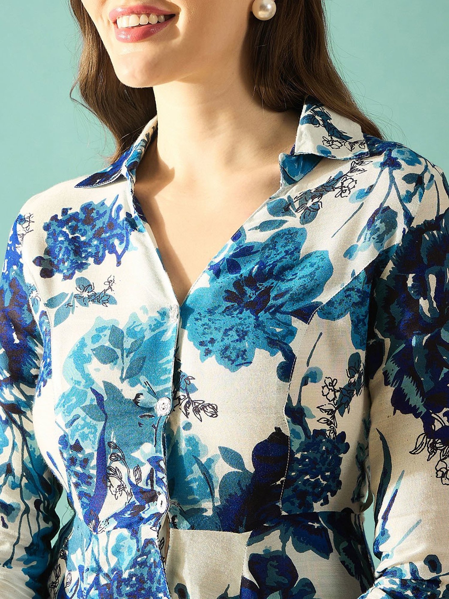 PANIT Blue Floral Print Ethnic Dress