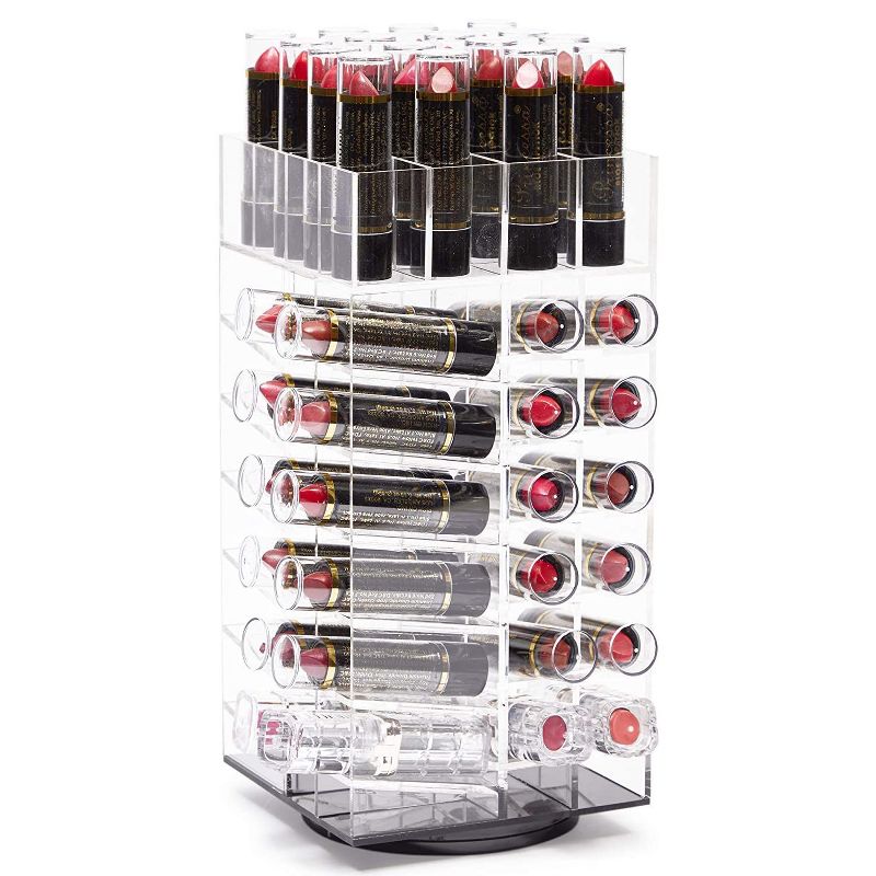 Glamlily Acrylic Lipstick Tower, 360 Degree Rotating Cosmetic Organizer with 64 Slots (4.5 x 9.5 In)