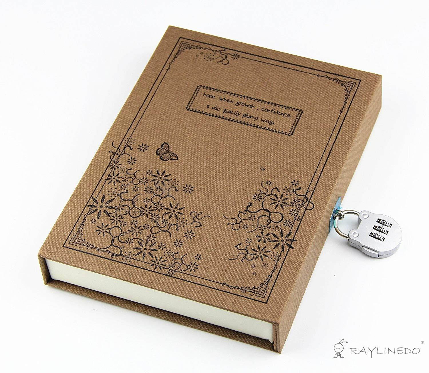 RayLineDo Brown Vintage Hard Cover Jounrnal Dairy A5 Notebook 80Gsm Ruled 288Pages With Hard Gift Box And Code Lock