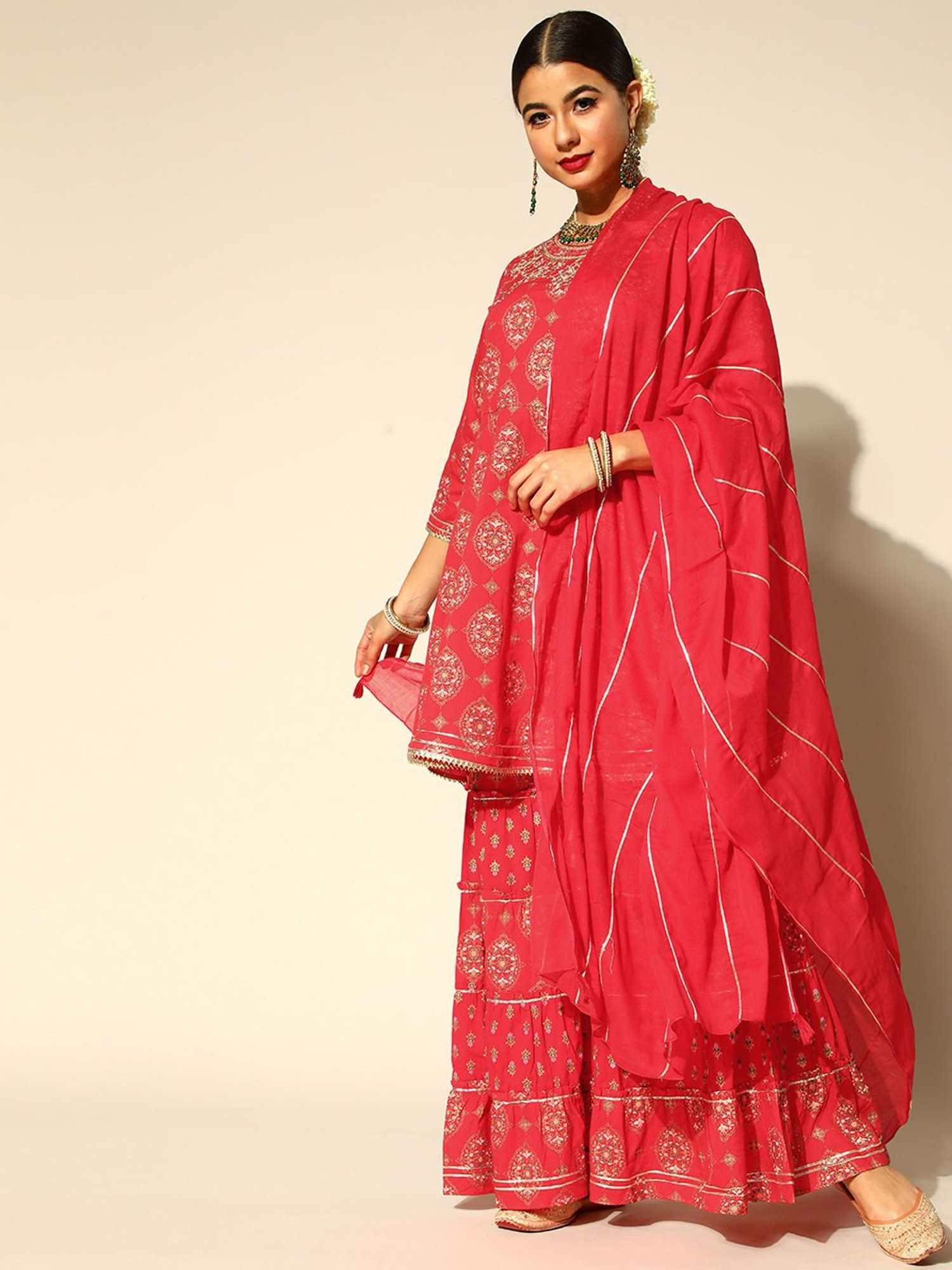 Ishin Red Printed Kurti Sharara Set With Dupatta