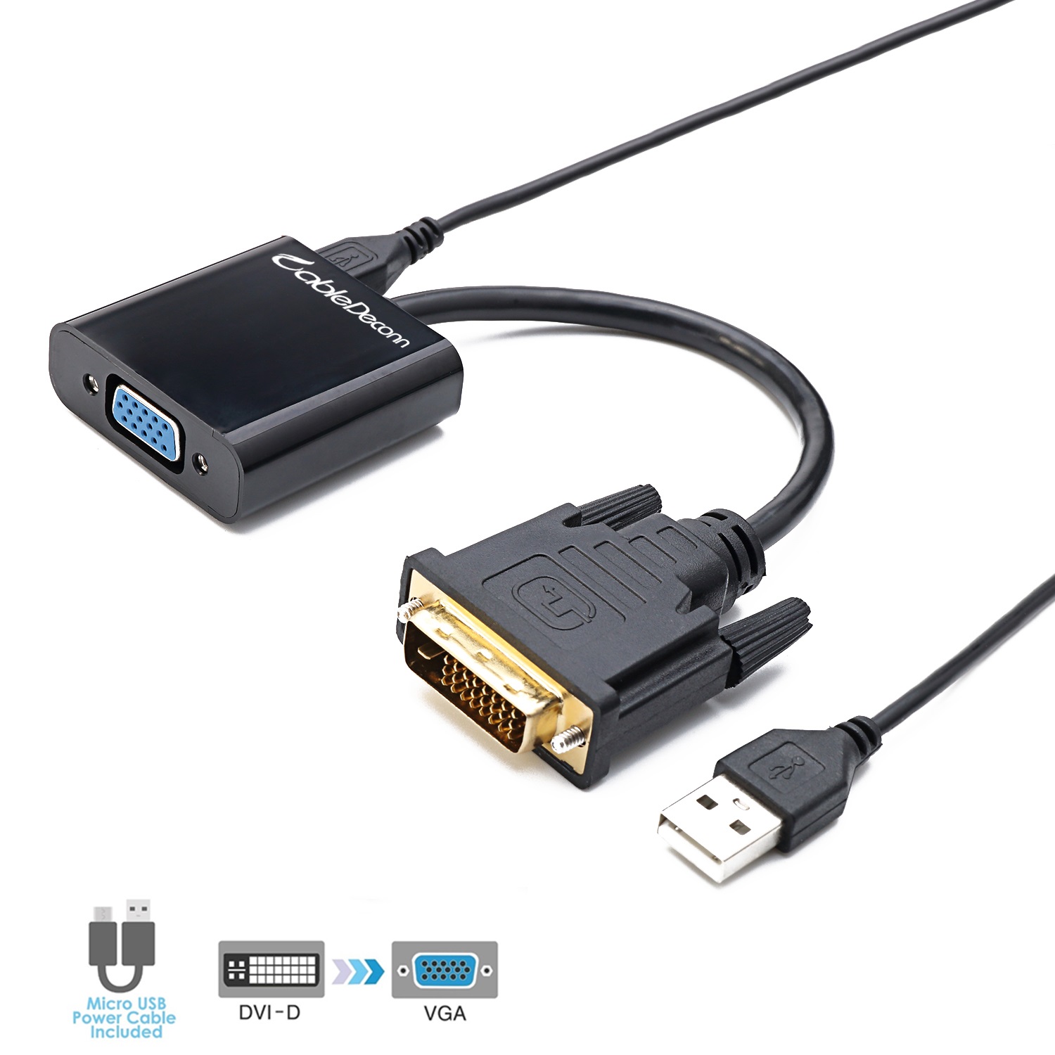 CableDeconn DVI 24+1 DVI-D M to VGA Male With Micro USB Active Adapter Converter Cable for PC DVD Monitor HDTV