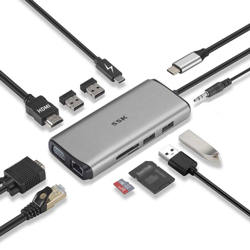 SSK 11 in 1 USB C Hub,Dual Monitor Laptop Docking Station,MacBook Pro HDMI Adapter ethernet Adapter with VGA,PD Fast Charging,4USB Ports,SD/TFCard Reader for MacBook Air(Thunderbolt 3) Type C Devices
