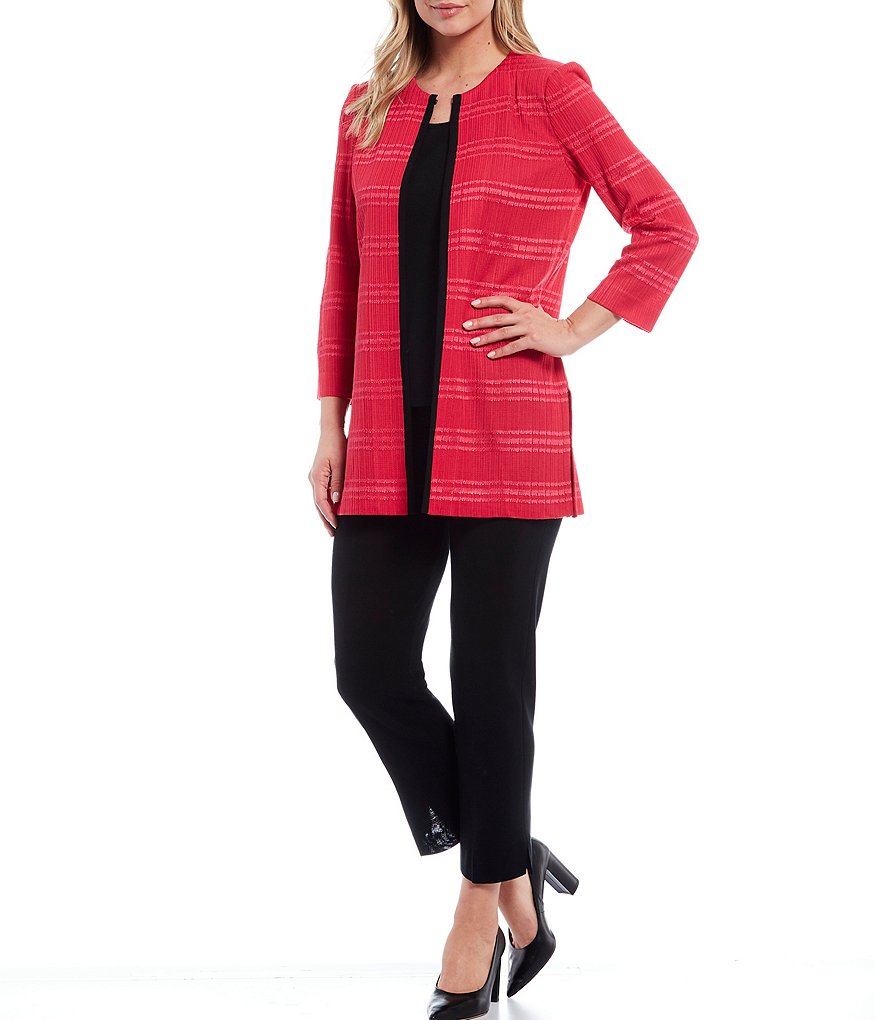 Ming Wang Bracelet Sleeve Tonal Stripe Crew Neck Jacket