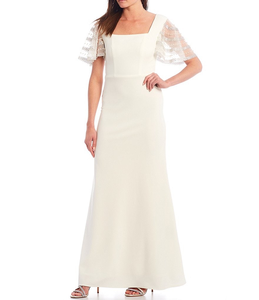 Betsy & Adam Beaded Flutter Sleeve Scuba Crepe Gown